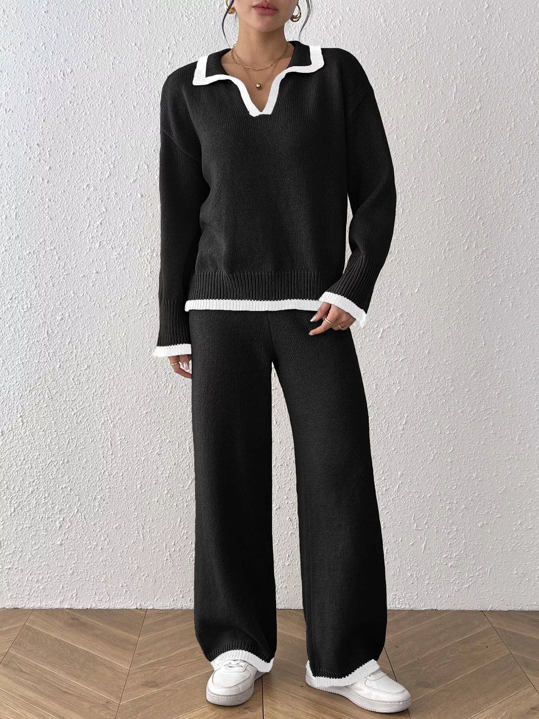 Black Contrast trim polo collar sweater and wide leg pants set