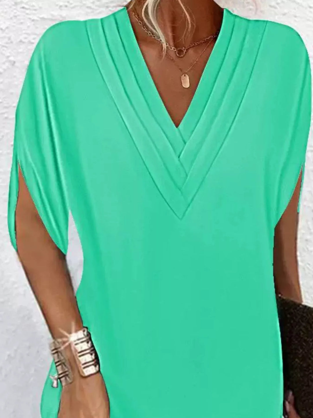 Pleated V-neck split sleeve relaxed mini dress