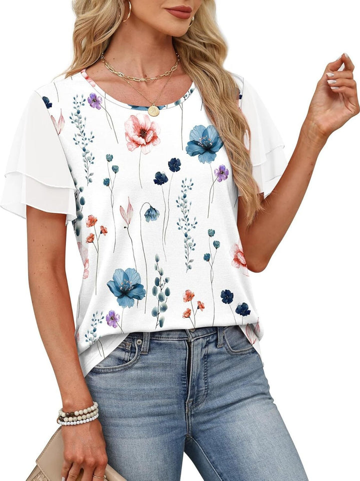 Floral Layered leopard ruffle sleeve round neck top