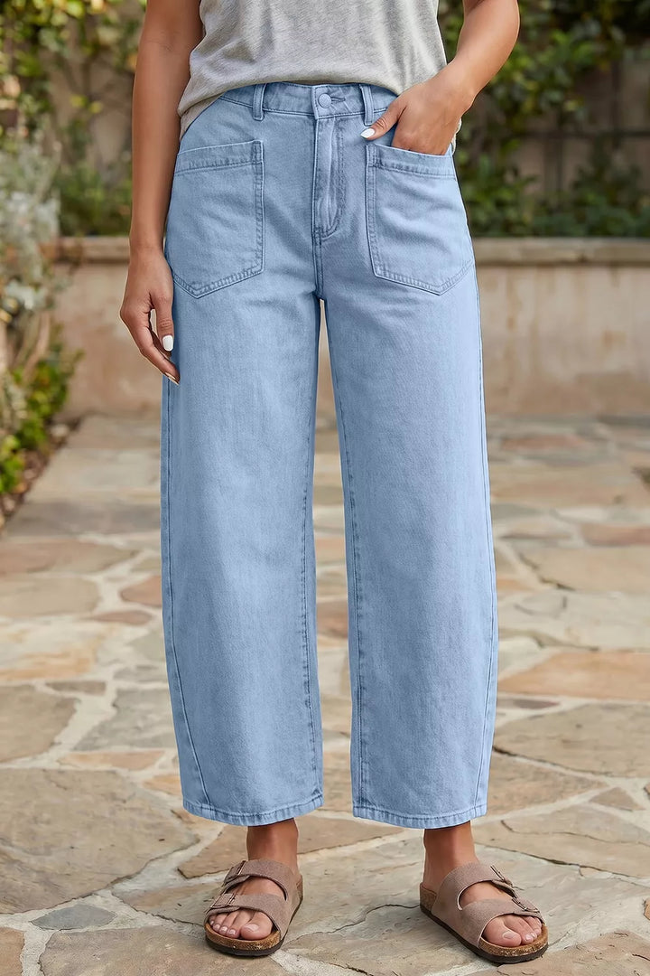 Light Blue High-rise patch pocket wide leg cropped jeans - Light Blue