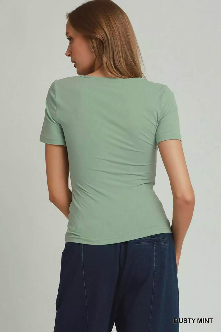 Sweetheart neckline double-lined ruched short sleeve top