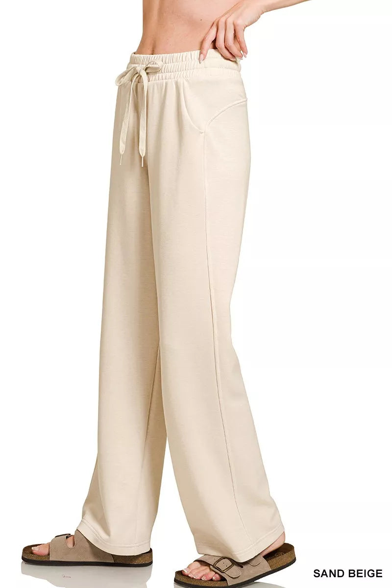 Scuba wide-leg drawstring pants with side pockets