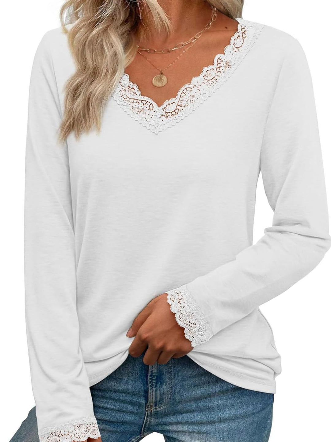 White Lace trim V-neck long sleeve top with lace cuffs