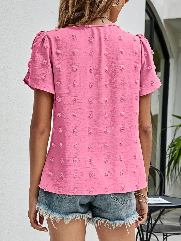 Swiss dot petal sleeve top with pleated round neck