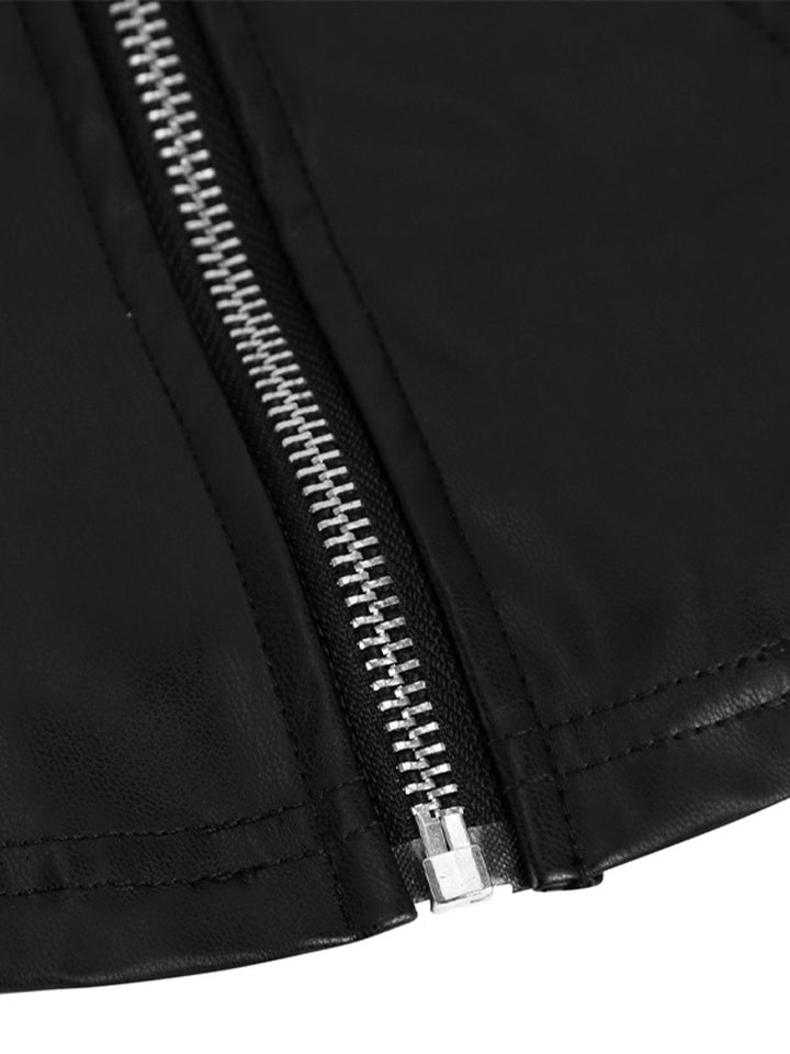 Fitted faux-leather jacket with stand collar and zip front