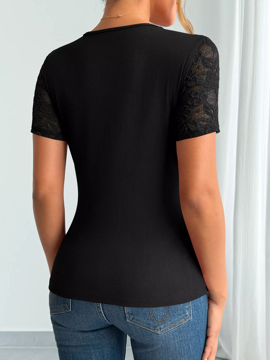 Lace trim V-neck ribbed fitted top with short sleeves
