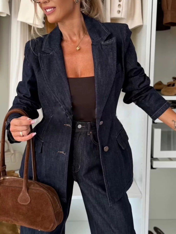 Single-breasted washed denim blazer with flap pockets