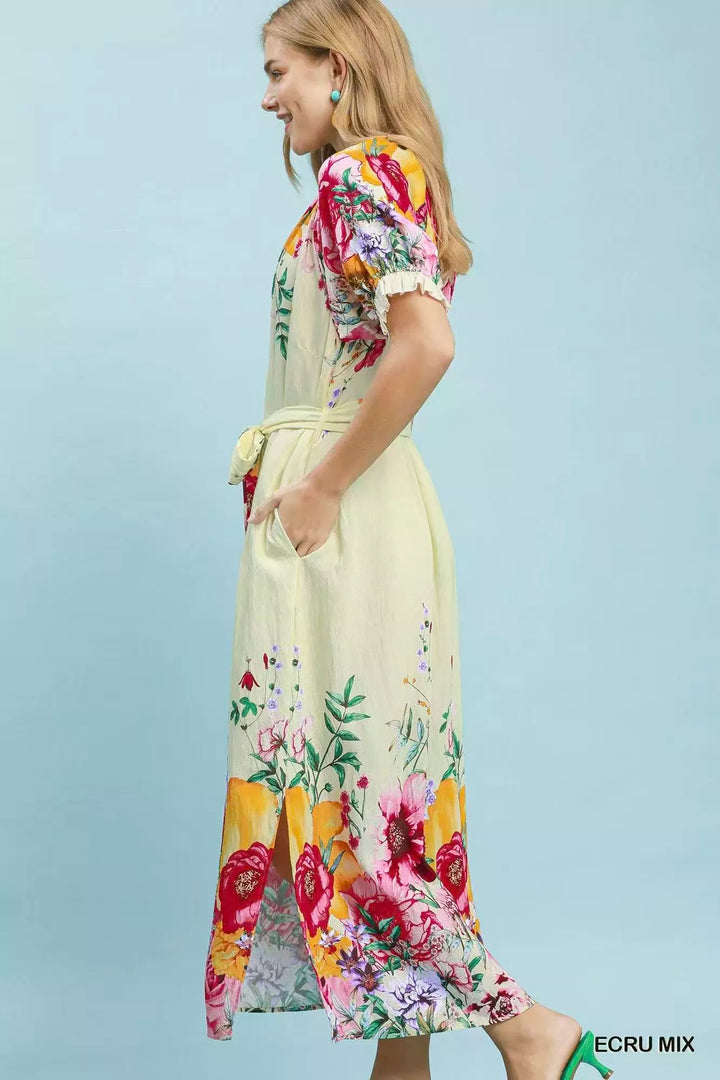 Floral border print midi dress with puff sleeves and tie belt