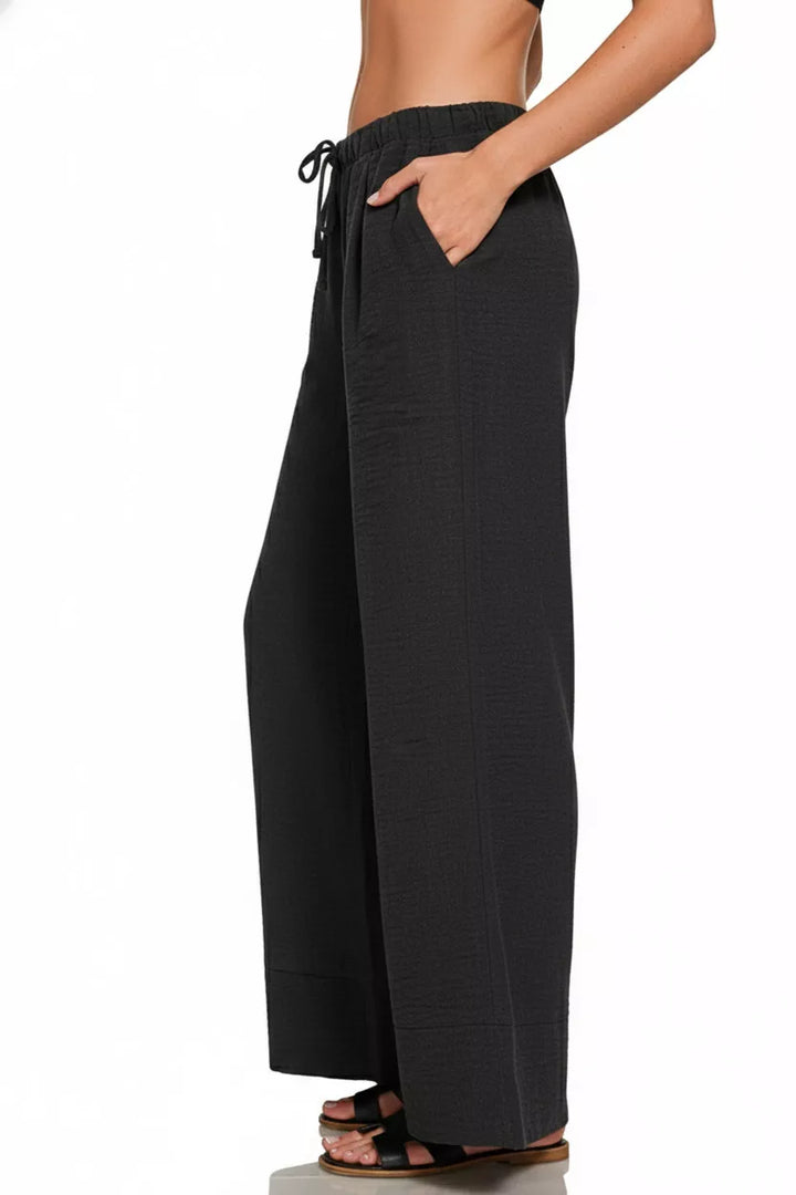 Wide-leg woven drawstring pants with side pockets