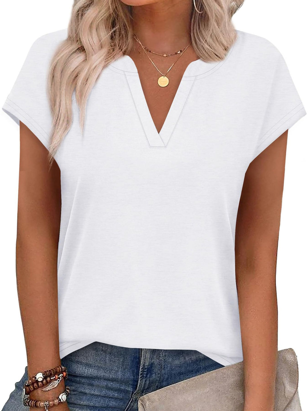 White Notched V-neck short sleeve relaxed knit top