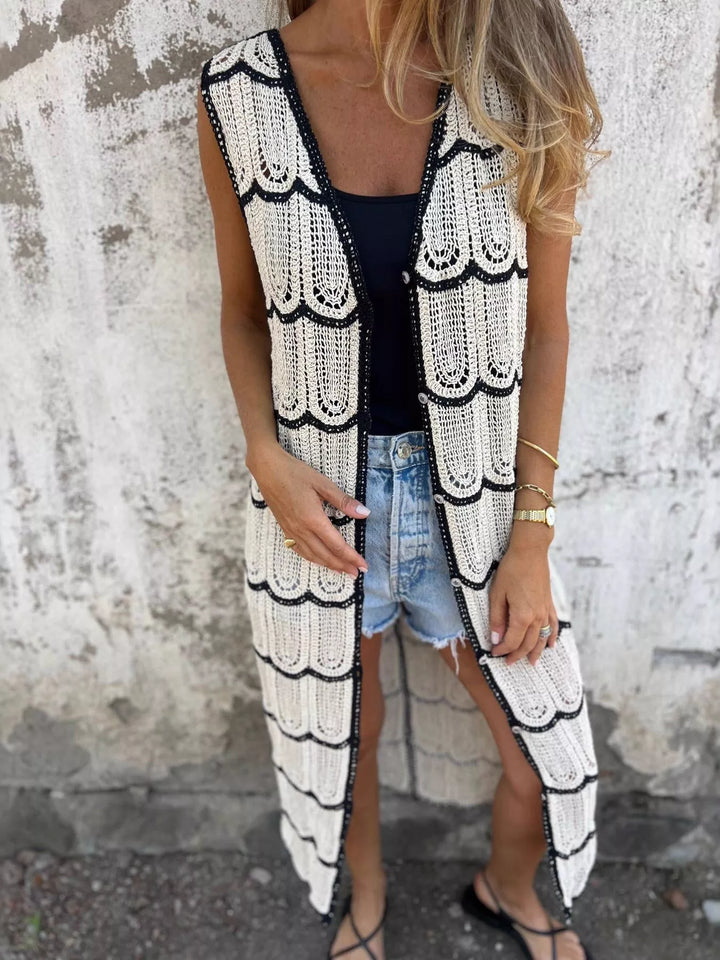 Apricot Sleeveless scalloped crochet longline cardigan