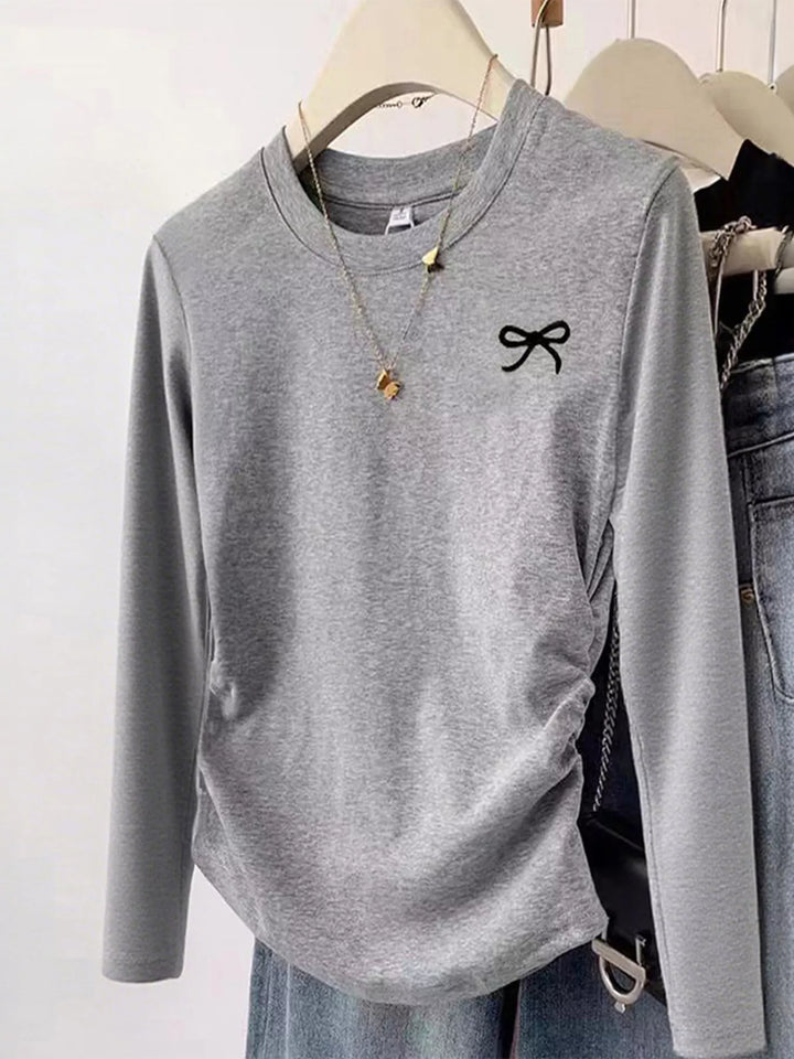 Ruched side long sleeve tee with embroidered bow