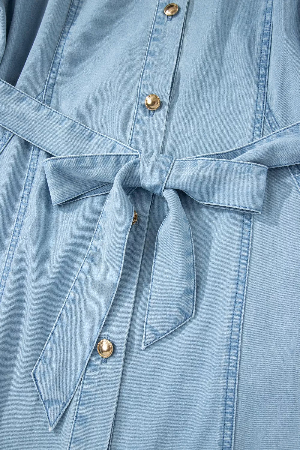 Belted chambray midi shirt dress with puff sleeves