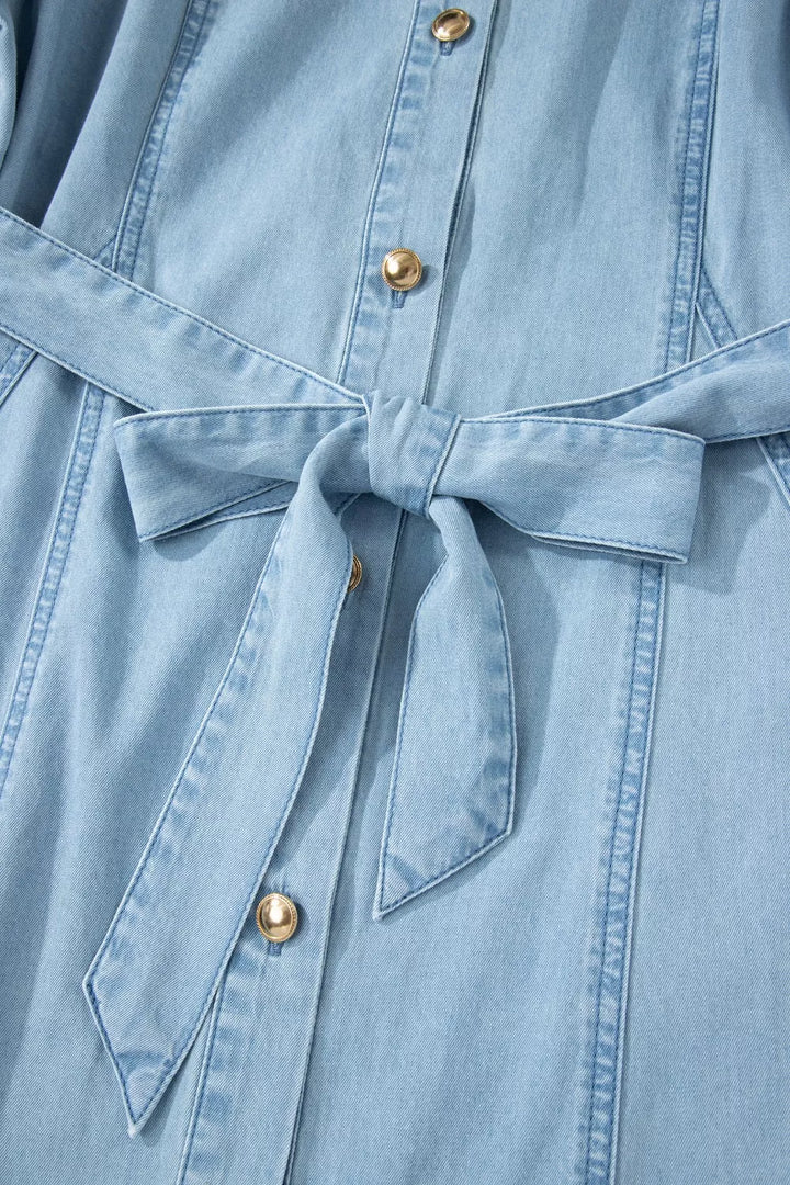 Belted chambray midi shirt dress with puff sleeves