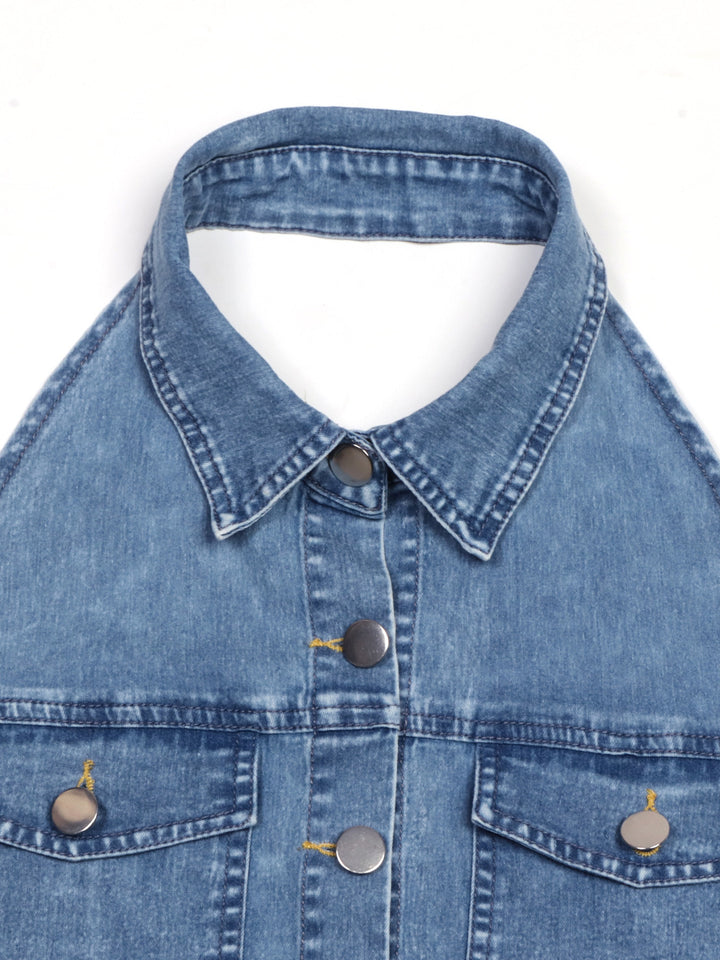 Sleeveless button-front denim mini dress with tie belt