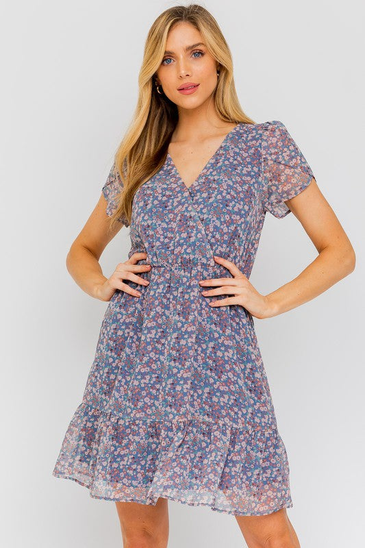 Bloom Faux Wrap Puff Sleeve Mini Dress With Ruffle Detail in DENIM-MULTI DITSY - v neck, relaxed fit - front view
