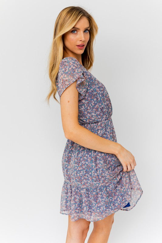 Bloom Faux Wrap Puff Sleeve Mini Dress With Ruffle Detail in DENIM-MULTI DITSY - v neck, relaxed fit - alternate view
