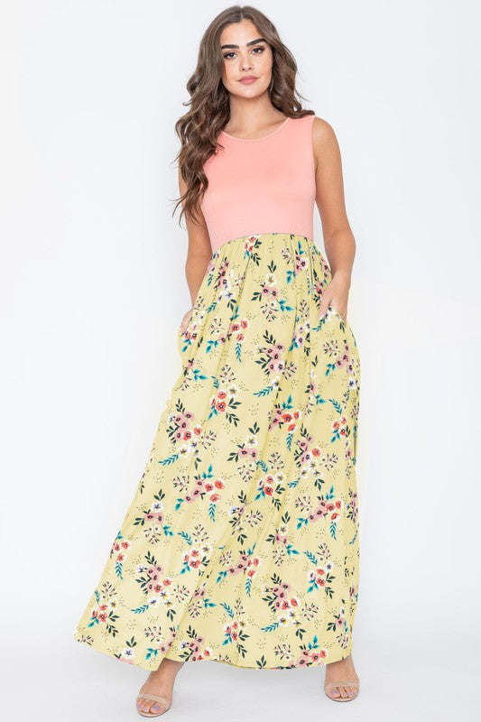 Blooming Garden Sleeveless Maxi Dress in Yellow - round neck, maxi - front view