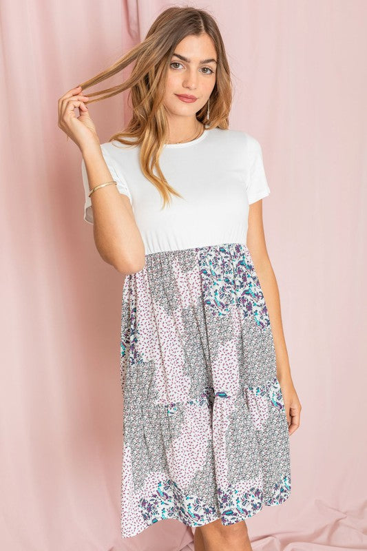 Blossom Fusion Mixed Print Midi Dress - crew neck, cropped - view 15