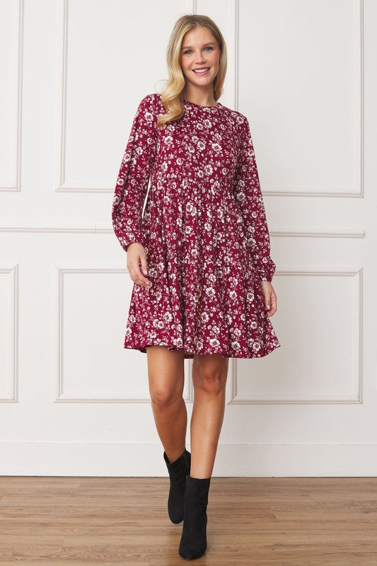 Blossom Tiered Crew Neck Midi Dress in burgundy - crew neck, midi - front view