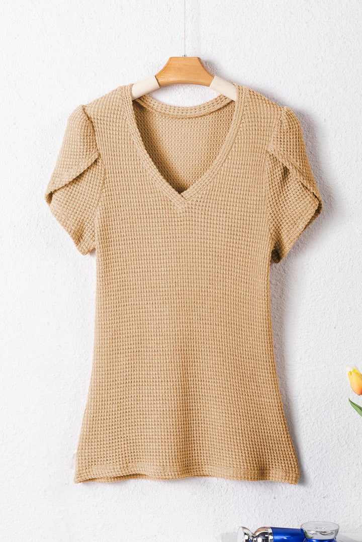 Blossom Tulip Sleeve Waffle Knit V-Neck Top in khaki beige - waffle knit, v neck - view 4