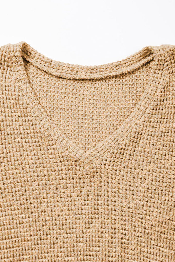 Blossom Tulip Sleeve Waffle Knit V-Neck Top in khaki beige - waffle knit, v neck - view 5