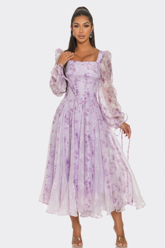 Blossom Whisper Puff Sleeve Midi Dress in Lavender - cropped, midi - alternate view