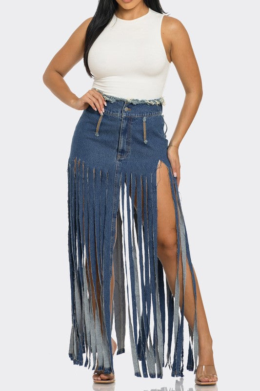 Bohemian Rhapsody Dramatic Fringe Denim Maxi Skirt in DENIM - button front, maxi - front view