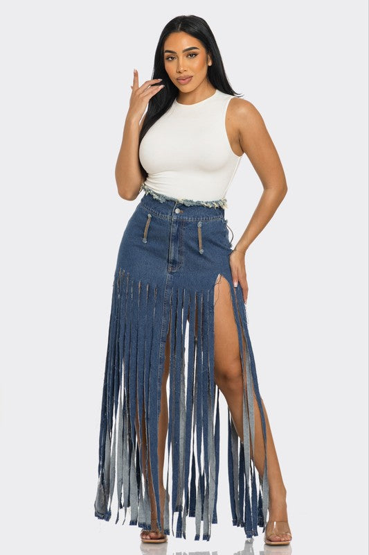 Bohemian Rhapsody Dramatic Fringe Denim Maxi Skirt in DENIM - button front, maxi - alternate view