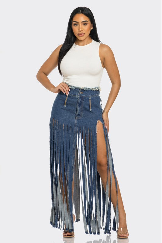 Bohemian Rhapsody Dramatic Fringe Denim Maxi Skirt in DENIM - button front, maxi - detail view