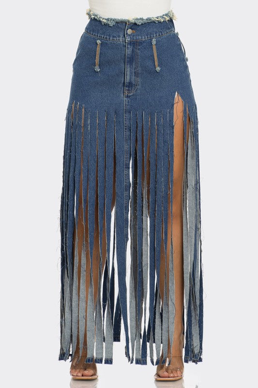 Bohemian Rhapsody Dramatic Fringe Denim Maxi Skirt in DENIM - button front, maxi - view 4