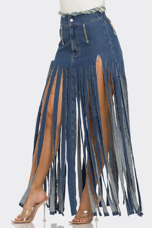 Bohemian Rhapsody Dramatic Fringe Denim Maxi Skirt in DENIM - button front, maxi - view 5