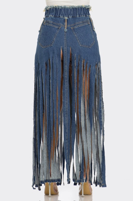 Bohemian Rhapsody Dramatic Fringe Denim Maxi Skirt in DENIM - button front, maxi - view 6