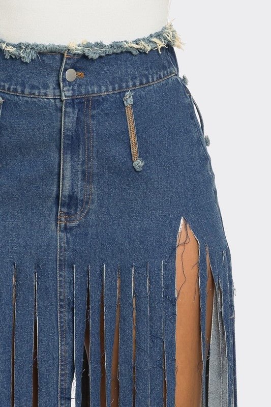 Bohemian Rhapsody Dramatic Fringe Denim Maxi Skirt in DENIM - button front, maxi - view 7