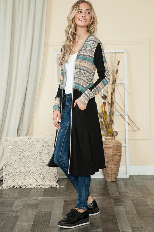 Boho Bliss Mixed Media Maxi Cardigan With Pockets in Tribal Print Combo - maxi, cardigan - front view
