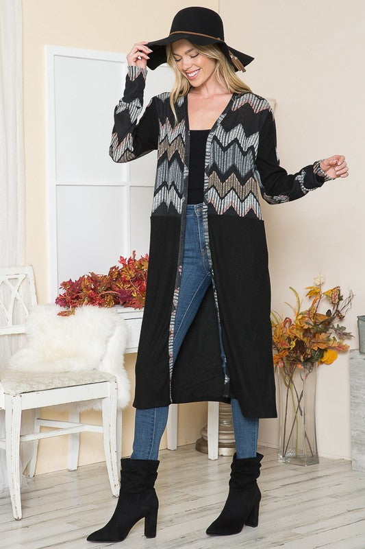 Boho Bliss Mixed Media Maxi Cardigan With Pockets in Tribal Print Combo - maxi, cardigan - view 10