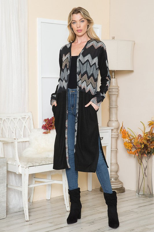 Boho Bliss Mixed Media Maxi Cardigan With Pockets in Tribal Print Combo - maxi, cardigan - alternate view