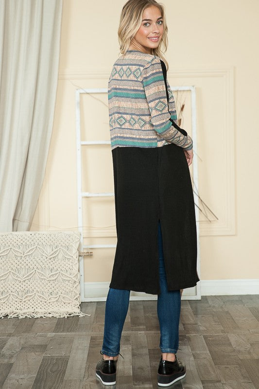 Boho Bliss Mixed Media Maxi Cardigan With Pockets in Tribal Print Combo - maxi, cardigan - detail view