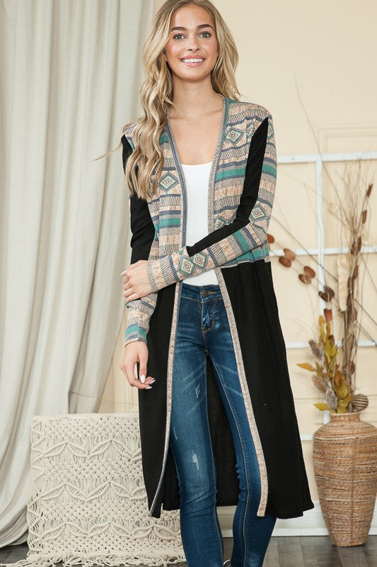 Boho Bliss Mixed Media Maxi Cardigan With Pockets in Tribal Print Combo - maxi, cardigan - view 6