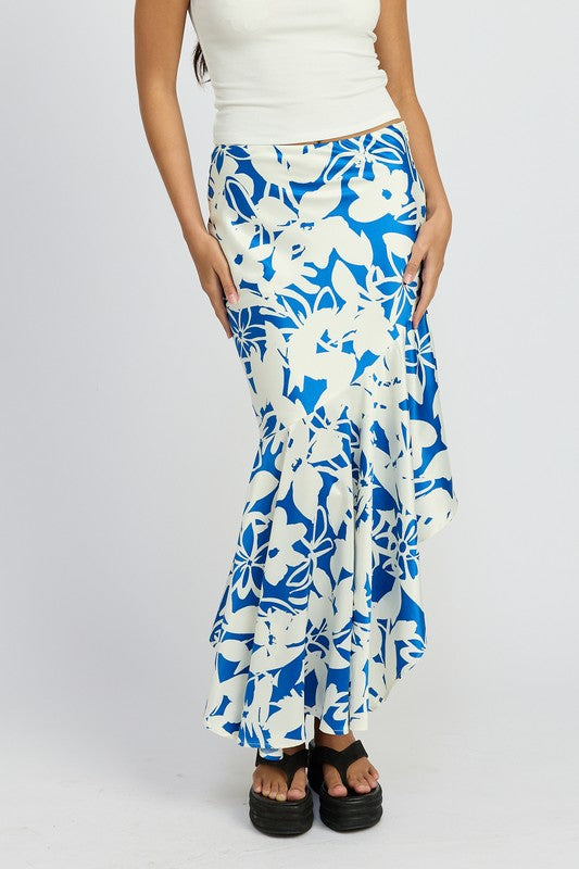 Botanica Asymmetrical Ruffle Hem Maxi Skirt in BLUE WHITE - cropped, maxi - front view