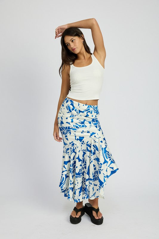 Botanica Asymmetrical Ruffle Hem Maxi Skirt in BLUE WHITE - cropped, maxi - detail view