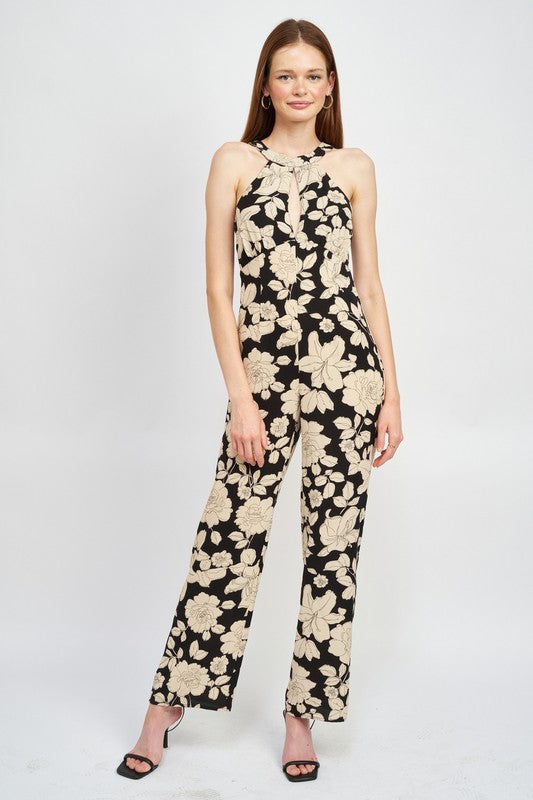 Botanica Halter Neck Jumpsuit With Statement Back in BLACK/ WHITE - wide leg, floral - front view