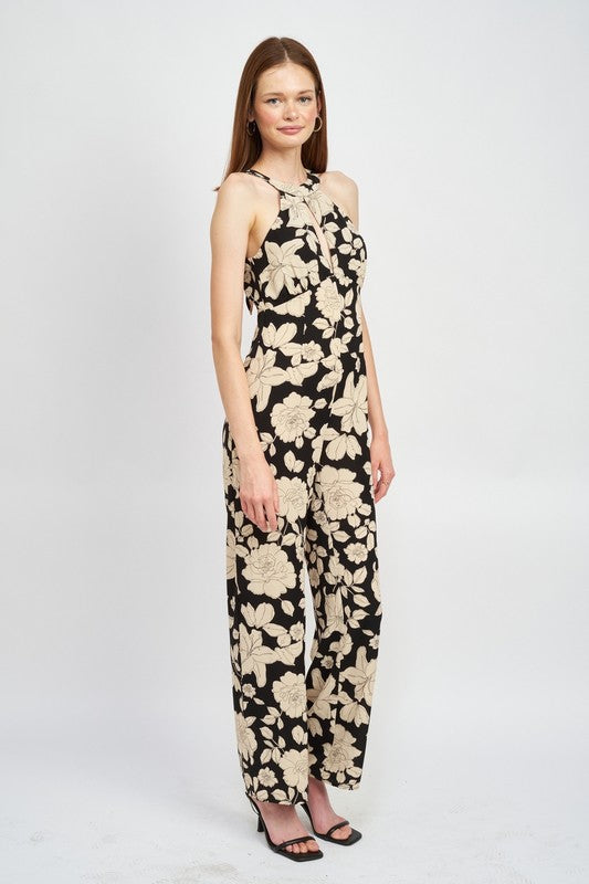 Botanica Halter Neck Jumpsuit With Statement Back in BLACK/ WHITE - wide leg, floral - detail view