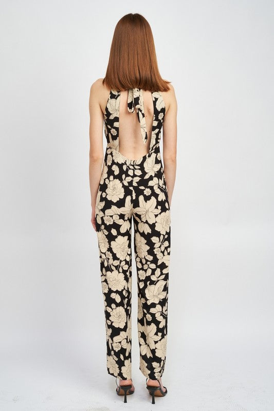 Botanica Halter Neck Jumpsuit With Statement Back in BLACK/ WHITE - wide leg, floral - view 4