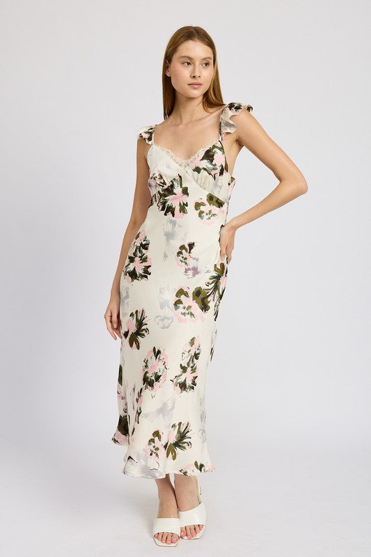 Botanical Bliss Midi Dress With Delicate Lace Trim in PINK FLORAL - midi, mini - front view