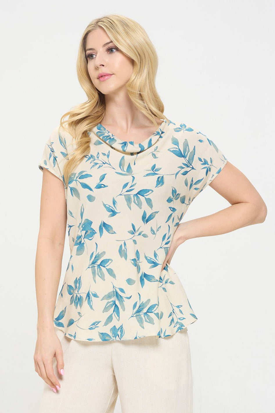 Botanical Breeze Linen Cowl Neck Top | Made in USA in Denim - denim, short sleeve - alternate view