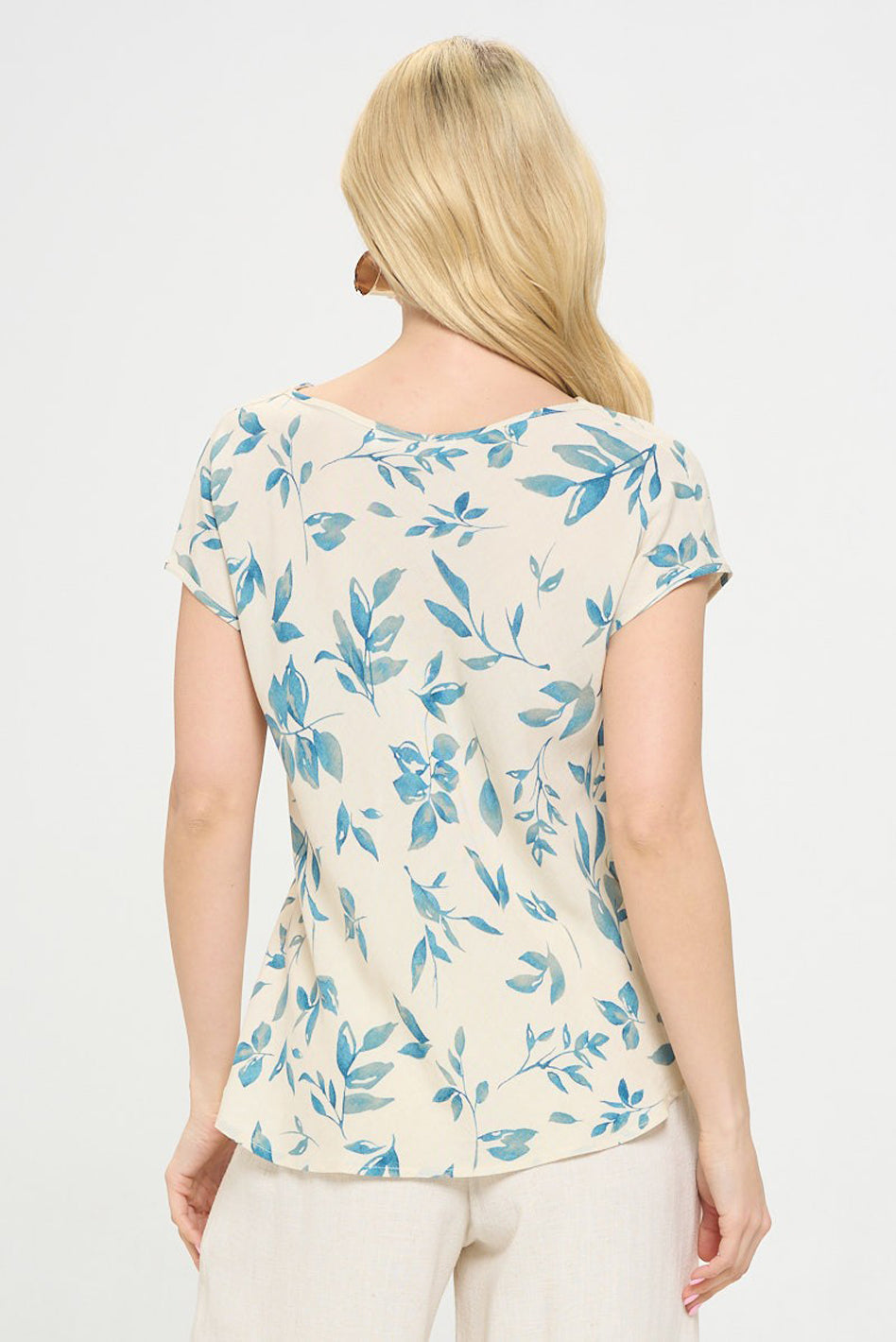 Botanical Breeze Linen Cowl Neck Top | Made in USA in Denim - denim, short sleeve - view 4