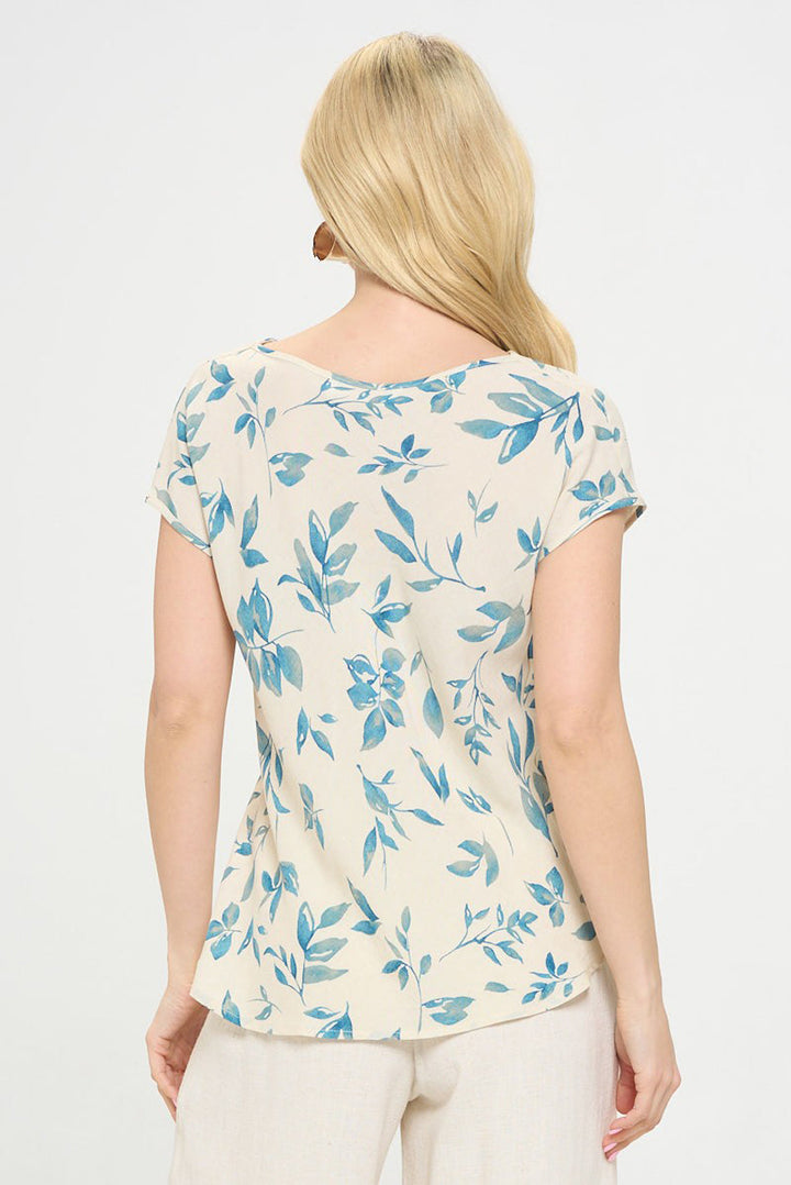Botanical Breeze Linen Cowl Neck Top | Made in USA in Denim - denim, short sleeve - view 4