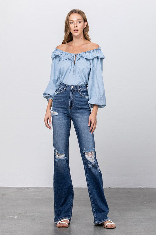Boulevardier High Rise Frayed Hem Flare Jeans in DARK - relaxed fit, cropped - front view