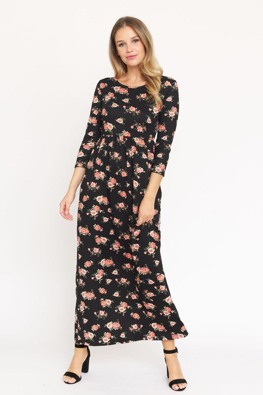 Bouquet Quarter Sleeve Empire Waist Maxi Dress - cropped, maxi - view 5